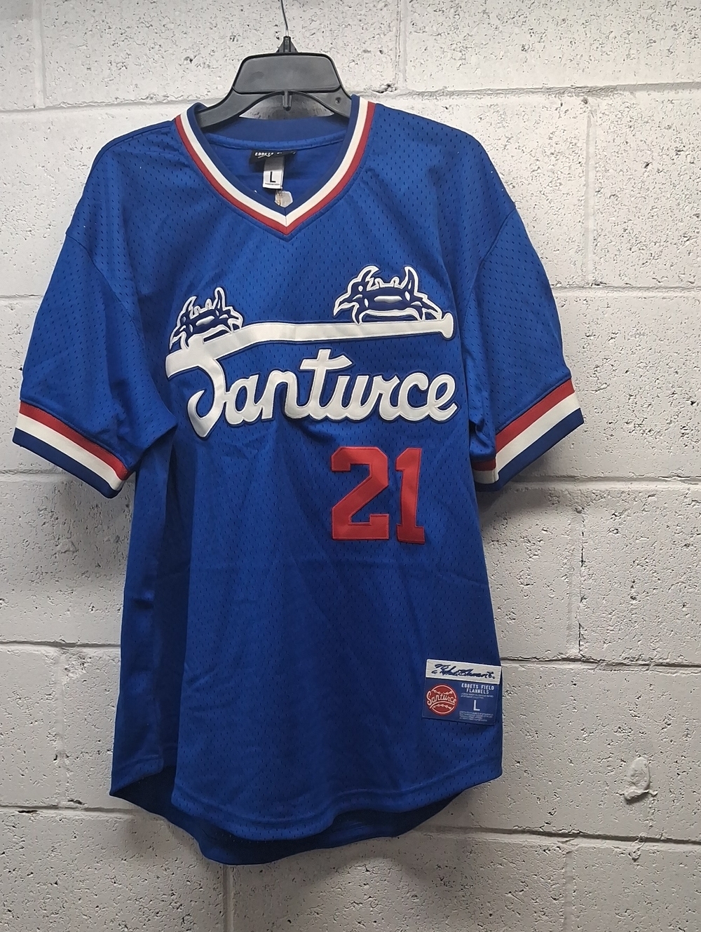 NWT Ebbets Field Flannels Blue Clemente #21 Jersey with Red Accents